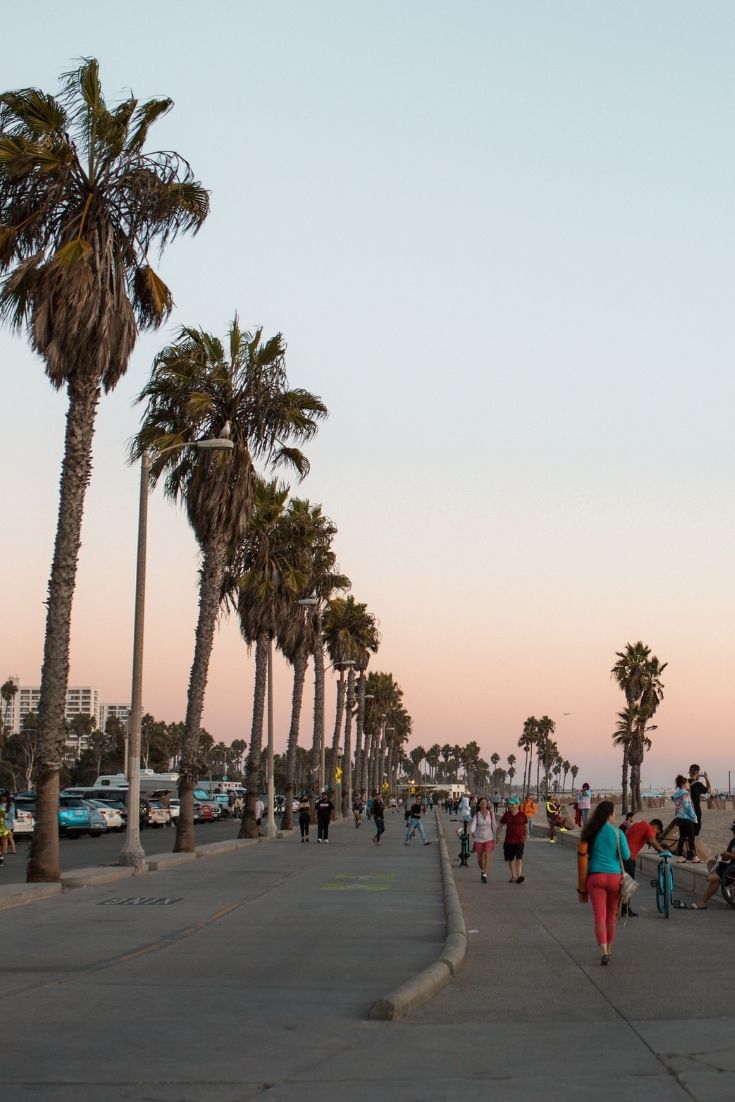 Venice Beach boardwalk at sunset